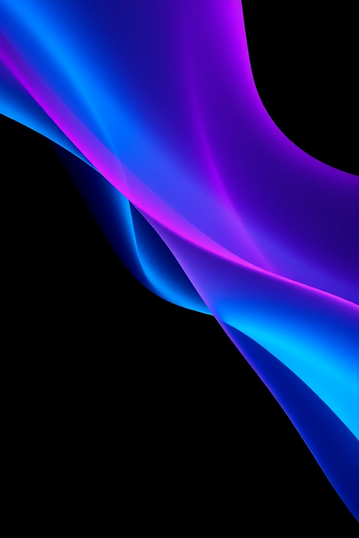 Create an abstract image with smooth, flowing lines in vibrant purple and blue hues on a dark background, captured with a Canon EOS R5, using a 50mm lens, aperture set to f/1.8, ISO 100, at a shutter speed of 1/125s, in a low-light environment to enhance colors and contrast.