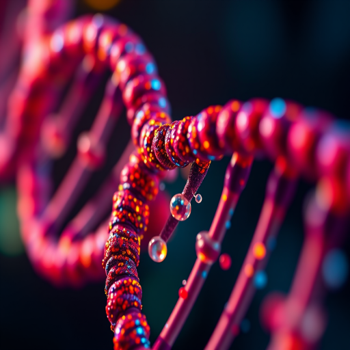 Ultra-detailed close-up of a DNA double helix with vibrant colors and glowing particles, using a Canon EOS R5, 100mm f/2.8 macro lens, ISO 100, aperture f/8, 1/250 sec, with a shallow depth of field and soft bokeh background.