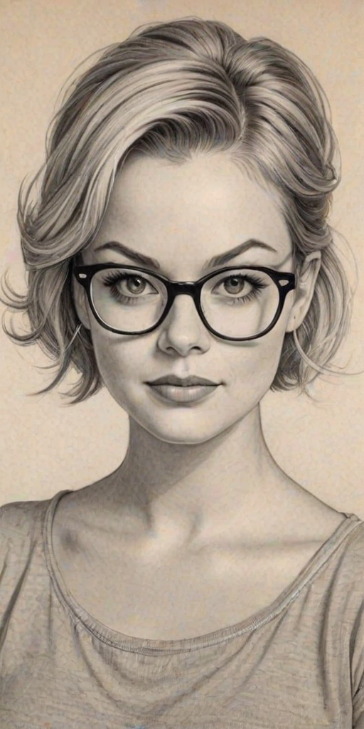 Comely Kirsten Storms, pencil sketch, portrait of Resplendent woman 1959s in glasses, hair style beatnik, outline, clear lines, fine lines, 8k
