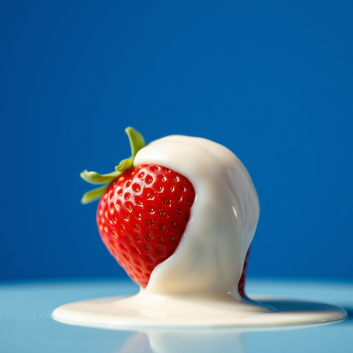 a highly detailed, hyper-realistic image of a ripe strawberry dipped in creamy white sauce, set against a vivid blue background, shot with a Canon EOS R5, 50mm lens, f/1.2 aperture, ISO 100, natural lighting, focused on the strawberry with a blurred background for depth.