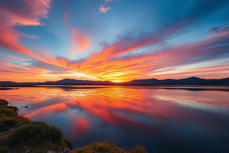 Create a high-resolution image of a scenic landscape during sunset, using a Canon EOS R5 camera, 24mm lens, f/8 aperture, ISO 100, and a 1/60 shutter speed, capturing vibrant colors in the sky and reflections in the water, with a wide-angle view to encompass the foreground and background elements.