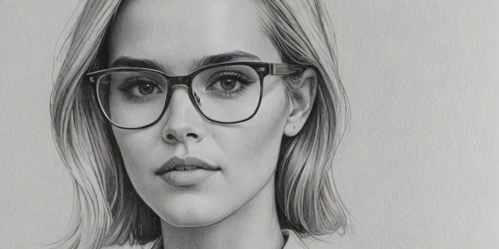 Fetching Isabel Lucas, pencil sketch, portrait of Splendid woman 1965s in glasses, hair style beatnik, outline, clear lines, fine lines, 8k