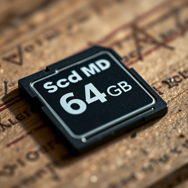 High-quality close-up of an SD card with 64GB capacity, shot with a Canon EOS R5, 85mm lens, aperture f/1.8, ISO 100, natural light, focus on the texture and details of the card.