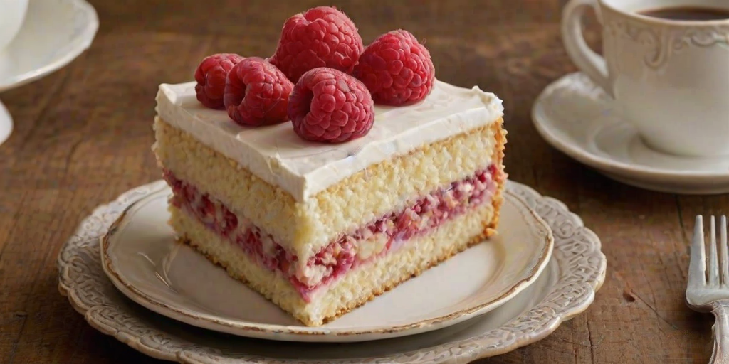 Create an image of a slice of cake on a decorative plate. The cake should have multiple layers with a creamy white frosting on the outside. The middle layer should feature a fruit filling, such as raspberry, and a crunchy texture in the layer. The background should be simple and rustic, with a wooden table surface. Ensure the lighting is soft and inviting to highlight the cake's details.