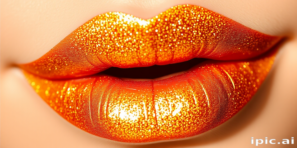 Shimmering gold lip gloss named "Solar Flare" with micro-fine glitter particles, creating a dazzling, multi-dimensional effect on the lips