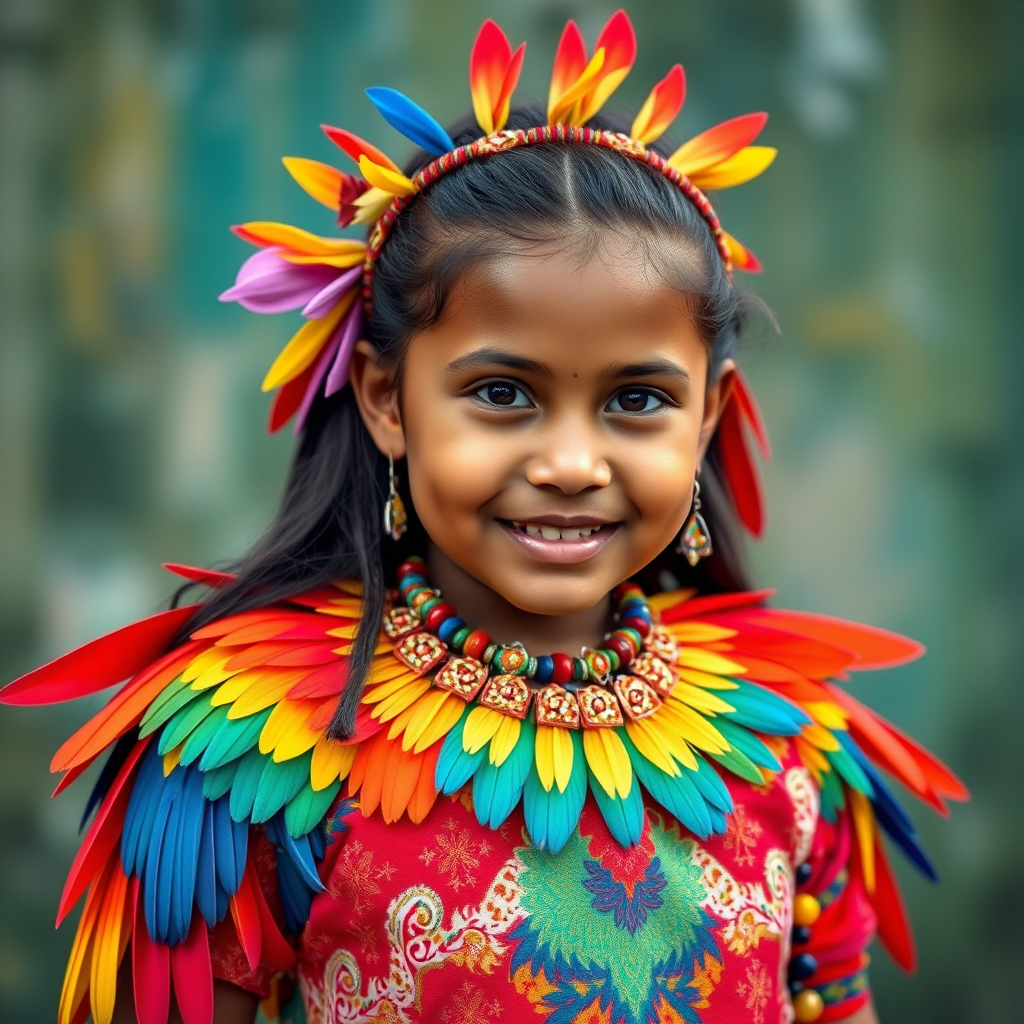 A beautiful Samoan girl, wearing colorful bird clothing with vibrant colors