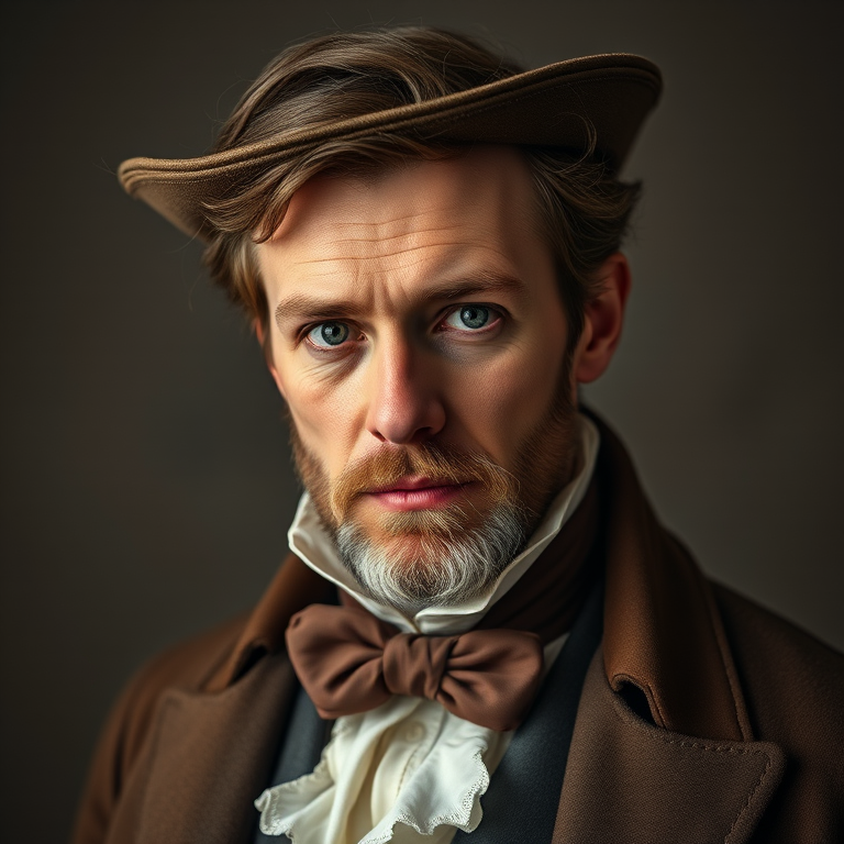 Regenerate a high-contrast portrait of a man in 19th-century attire, focusing on sharp details and textures, using a Canon EOS R5 with a 50mm lens at f/1.8, ISO 100, and a shutter speed of 1/200s, in a studio setup with soft lighting.