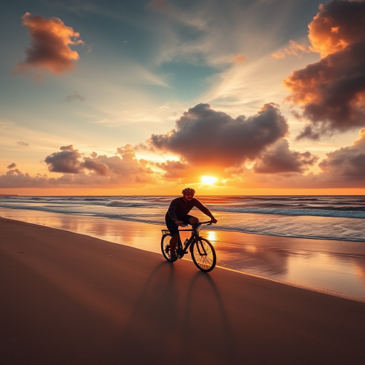 a lone cyclist riding along a sandy beach at sunset, soft waves in the background, dramatic clouds in the sky, DSLR camera, f/8 aperture, 1/200s shutter speed, ISO 100, wide-angle lens, golden hour lighting