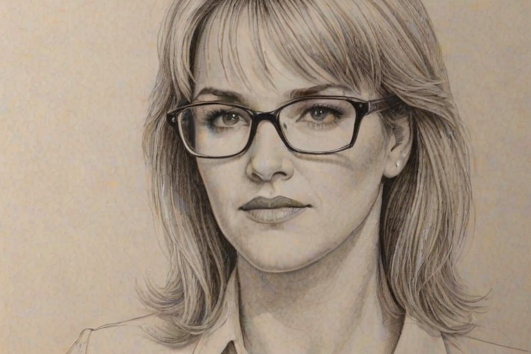 Superb Renee O'Connor, pencil sketch, portrait of Fascinating woman 1977s in glasses, hair style beatnik, outline, clear lines, fine lines, 8k
