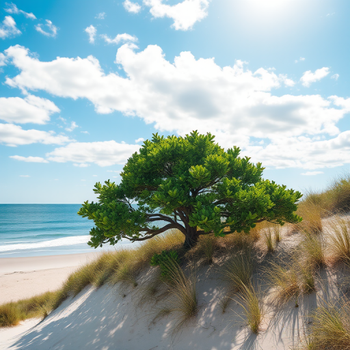 Generate an image of a lush green tree on a sandy dune by the ocean under a bright blue sky with scattered clouds, using a DSLR camera with a 35mm lens, aperture f/8, ISO 100, and a polarizing filter for enhanced color saturation.