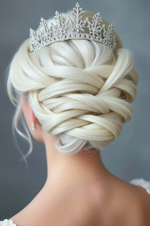 Silvery white hair styled in a regal French twist, adorned with a delicate snowflake-inspired diamond tiara, embodying the grace and beauty of a winter queen.