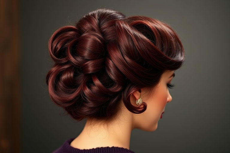Rich burgundy locks styled in a vintage-inspired victory roll updo with glossy finger waves, exuding old Hollywood glamour and sophistication, known as Velvet Vixen