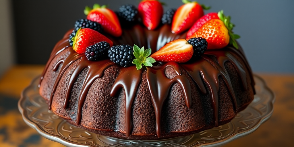 Chocolate bundt cake topped with fresh strawberries and blackberries drizzled with chocolate ganache displayed on a decorative cake stand.