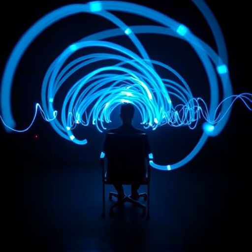 Create a high-resolution image of a person sitting in a chair, surrounded by glowing blue light trails, using a DSLR camera with a 50mm f/1.8 lens, aperture set to f/1.8, ISO 200, shutter speed 1/60s, low-light ambient setting, cinematic style, shot at eye level.