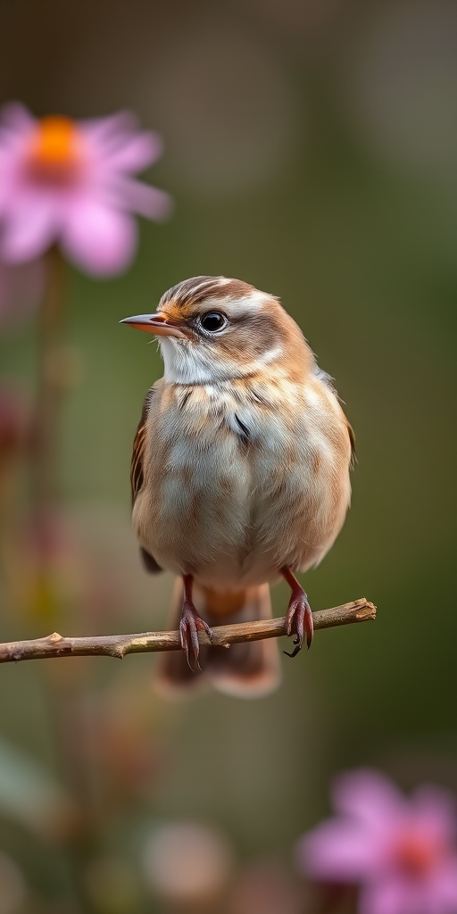 Capture a close-up of a small brown striped bird perched on a twig with a blurred floral background, f/4 aperture, 1/250 sec shutter speed, ISO 200, 85mm lens, natural soft lighting, and shallow depth of field.