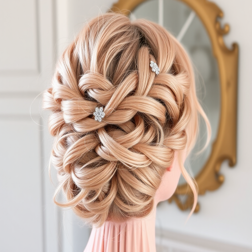 Ethereal rose gold fairy floss updo with intricate braided crown and delicate wisps, adorned with shimmering crystal hair pins for enchanting sparkle