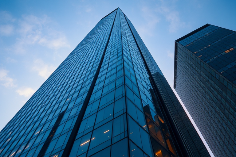 high-angle shot of a modern skyscraper with reflective glass windows during twilight, ISO 100, f/8, 1/200s, HDR photography, wide-angle lens, DSLR camera