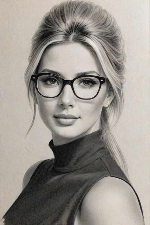 Fascinating Ivanka Trump, pencil sketch, portrait of Radiant woman 1967s in glasses, hair style beatnik, outline, clear lines, fine lines, 8k