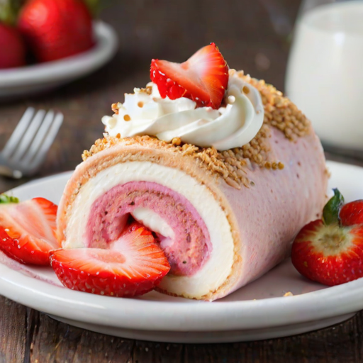 Generate an image of a dessert featuring pink rolled cake with cream filling, topped with fresh strawberries and a sprinkling of crumbs. The rolls should be arranged neatly on a white plate, showcasing their vibrant color and creamy texture.
