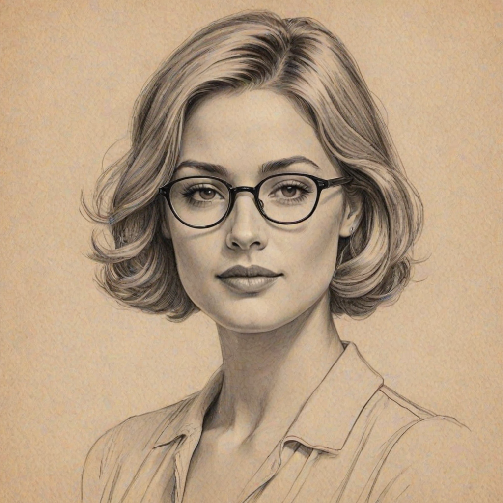 Wonderful Justin Hartley, pencil sketch, portrait of Beauteous woman 1931s in glasses, hair style beatnik, outline, clear lines, fine lines, 8k
