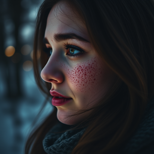 Instagram photo of a woman with freckles on her face in the winter outdoors silhouette illumination of her hair. Taken with a ProPhoto iPhone camera