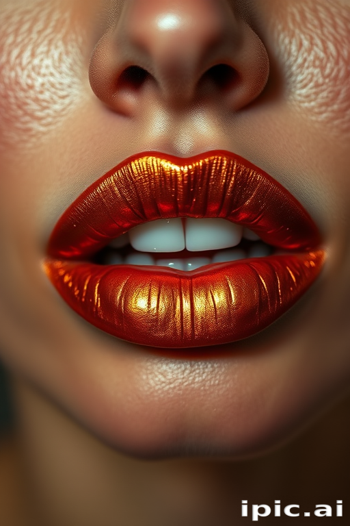 Hypnotic woman lips featuring a metallic copper lipstick, warm and rich, reflecting light uniquely, adding depth and dimension to the lips
