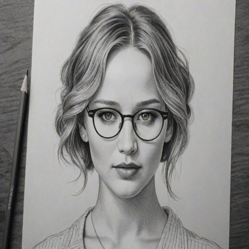 Bewitching Jennifer Lawrence, pencil sketch, portrait of Wonderful woman 1926s in glasses, hair style beatnik, outline, clear lines, fine lines, 8k