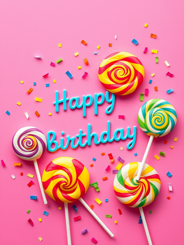 Create a vibrant birthday card design featuring brightly colored lollipops and scattered confetti on a bold pink background, camera settings: ISO 100, aperture f/2.8, shutter speed 1/60, with a top-down view using a DSLR camera in flat lay style for high clarity and color accuracy.
