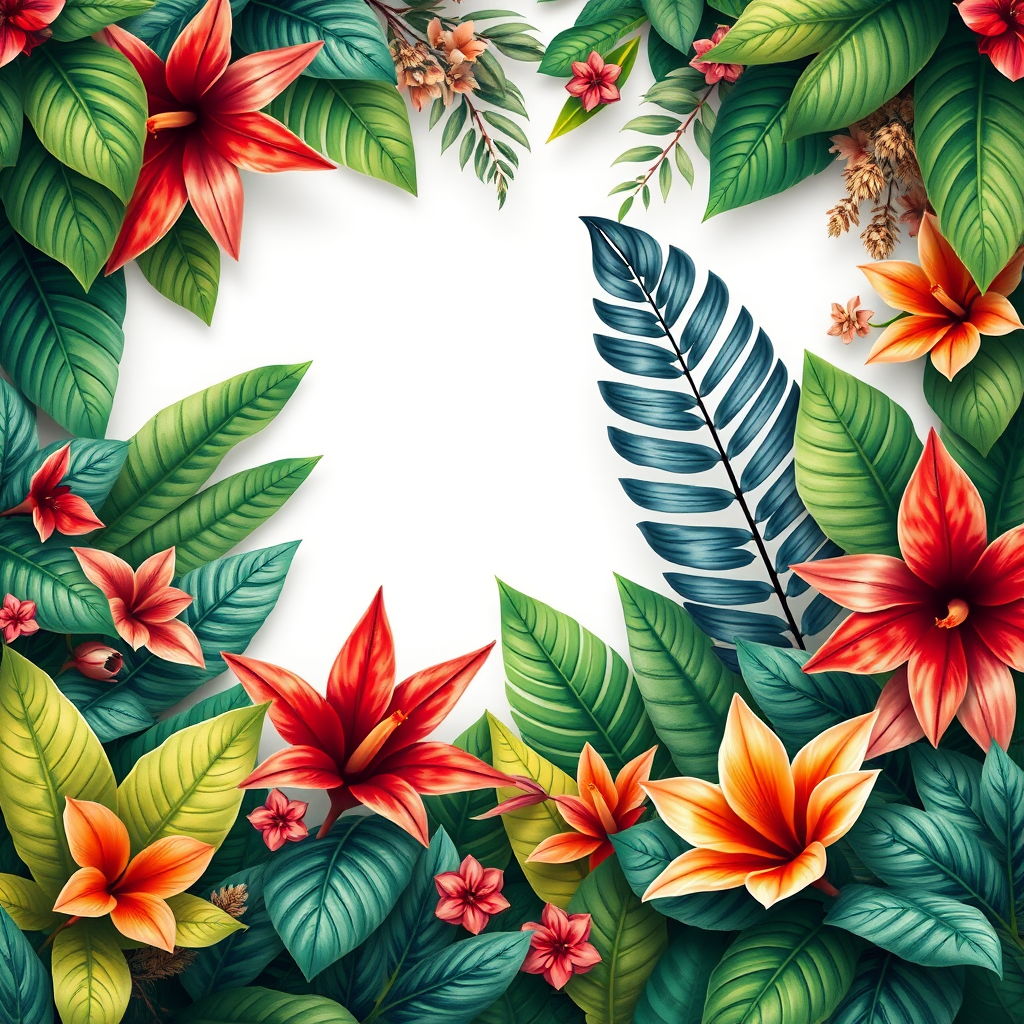 Create a vibrant tropical foliage border with detailed botanical illustrations, soft natural lighting, focal length 50mm, aperture f/4, ISO 200, shot in macro style using a DSLR camera for high image quality.