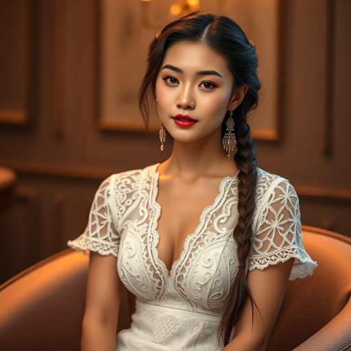 Create a portrait of a refined and elegant Chinese woman seated in a sophisticated setting. She has long, wavy hair styled in two thick braids that are pulled over her shoulders. She wears a white, lace gown with intricate patterns, featuring a deep V-neckline and short sleeves. The dress exudes a vintage charm with its delicate lacework. She is adorned with ornate, dangling earrings that add a touch of glamour to her appearance. The background is softly lit, with warm, ambient lighting that creates a cozy and inviting atmosphere. Her expression is poised and serene, capturing a sense of grace and elegance.