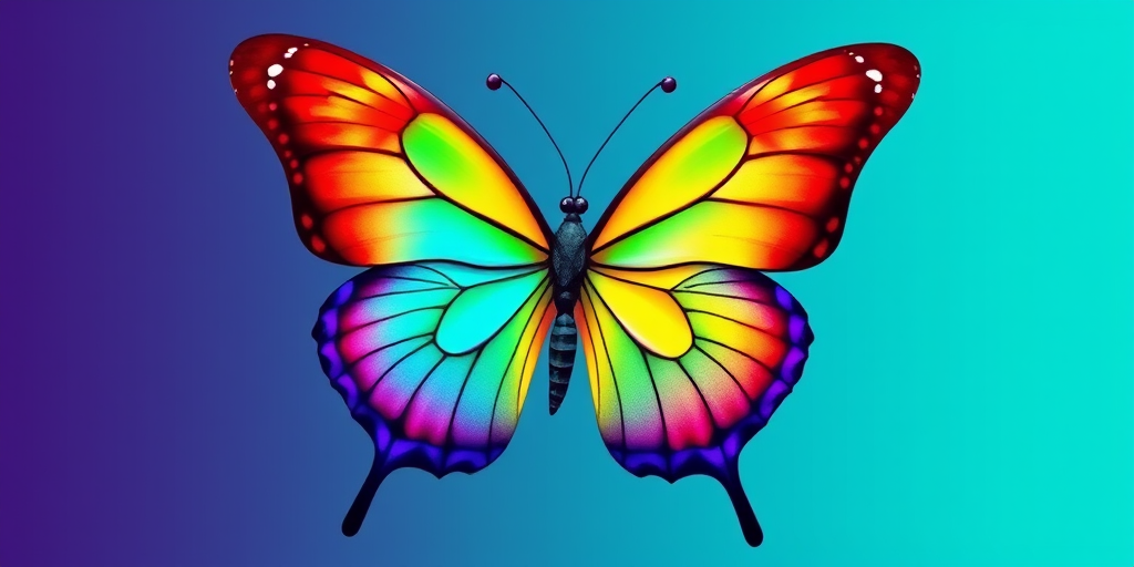 Create a colorful butterfly with vibrant wings featuring shades of red, orange, yellow, blue, and purple. The wings should have intricate patterns and a smooth, glossy texture. The butterfly should appear elegant and graceful, with a slightly tilted pose to showcase its beauty.