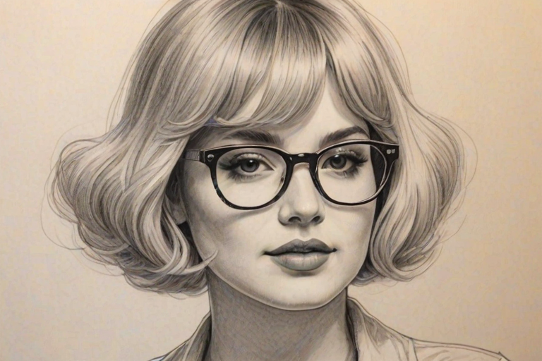 Stunning Marshmello, pencil sketch, portrait of Enchanting woman 1925s in glasses, hair style beatnik, outline, clear lines, fine lines, 8k