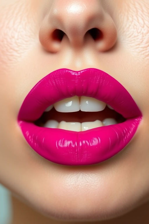 Vibrant fuchsia matte lipstick adorns full, pouty lips, creating a bold statement against pale skin, emphasizing the natural contours and subtle vertical lines