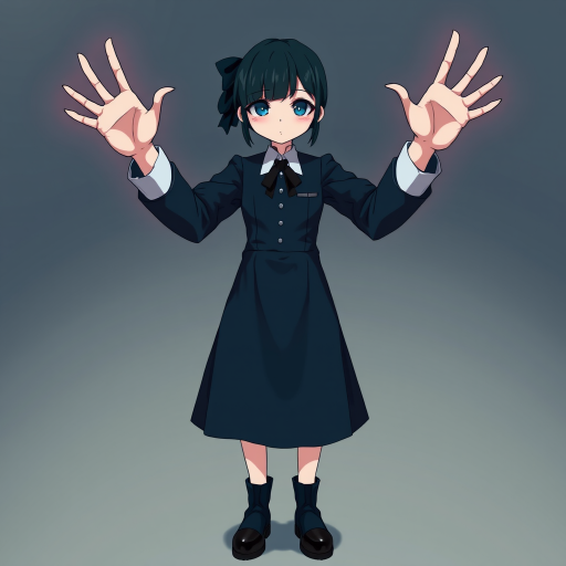 Digital art, full height portrait of Wednesday Addams, standing up with her hands in the air as if in a hold-up. Her dark, gothic attire replaces Alice’s classic blue dress, and she wears black shoes instead of blue. A small, neat black bow adorns her hair, capturing her signature style. The overall composition maintains a whimsical yet eerie tone, similar to Alice in Wonderland, while showcasing Wednesday’s iconic gothic charm.