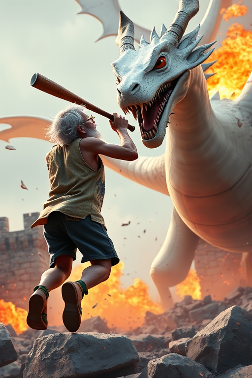 Cartoon 3D High-Resolution,dynamic battle scene using Unreal Engine 5 and Octane Render. The scene features back of an elderly, thai man with a beard,messy hair and round golden-rimmed glasses. He is wearing a tattered tank top with soot marks, shorts, and sandals. sweating. he wields a baseball bat. He jump to fight with a white fire-breathing Europe dragon amidst a partially destroyed stone castle. Include intense flames, smoke, and debris to enhance the dramatic effect.