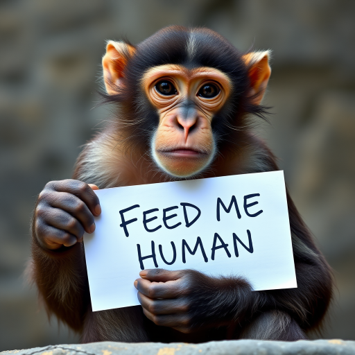 monkey holding a note which says "FEED ME HUMAN"