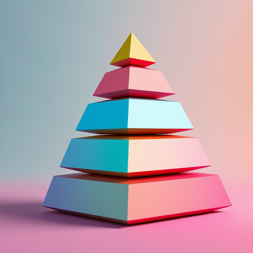 Create a 3D illustration of five stacked, colorful geometric shapes in a pyramid style, with smooth surfaces and sharp edges, using a Canon EOS R5 camera, 50mm lens, f/8 aperture, ISO 100, 1/125 sec shutter speed, and a high dynamic range view.