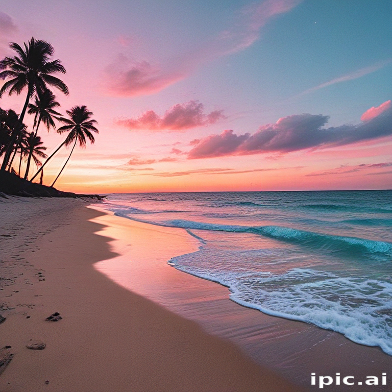 Tranquil Sunset Over a Serene Beach with Palm Trees Silhouettes
