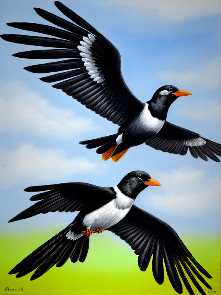 Magpie In Flight Design flying magpie bird in flight, oil painting, white background, cartoon