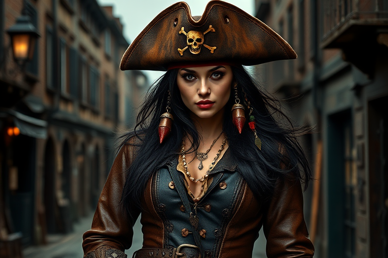 Create a portrait of a fierce female pirate. She wears a leather tricorn hat adorned with a skull and crossbones emblem, and her long, dark hair flows around her face. Her outfit consists of a richly detailed leather jacket, a corset, and multiple layers of belts and accessories, giving her a formidable and stylish appearance. She stands confidently in a dimly lit, historic port town, with a backdrop of weathered buildings and cobblestone streets, capturing the adventurous spirit of a pirate.