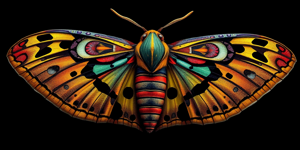 Create a detailed digital illustration of a stylized moth with intricate patterns, featuring a dark background, using a Canon EOS R5 with an 85mm f/1.2 lens at f/4, in a macro view, with a focus on vibrant colors and fine details.