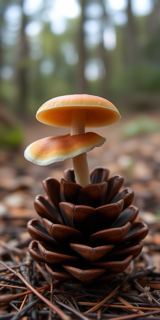 Create a macro shot of a mushroom growing on a pine cone with a blurred forest background, using a DSLR camera, f/2.8 aperture, 100mm lens, ISO 200, and natural light to enhance image quality.
