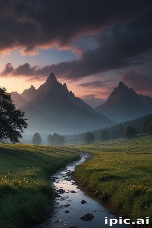 Tranquil Sunset Over Majestic Mountains and Serene Flowing Stream