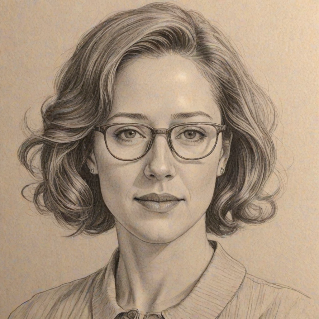 Enchanting Carrie Coon, pencil sketch, portrait of Bewitching woman 1947s in glasses, hair style beatnik, outline, clear lines, fine lines, 8k