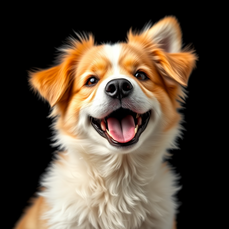 Create a high-resolution digital illustration of a happy dog with fluffy fur and a joyful expression, using a Canon EOS R5 camera with a 50mm f/1.2 lens, shot from a close-up perspective, in vibrant colors and sharp details against a solid black background.