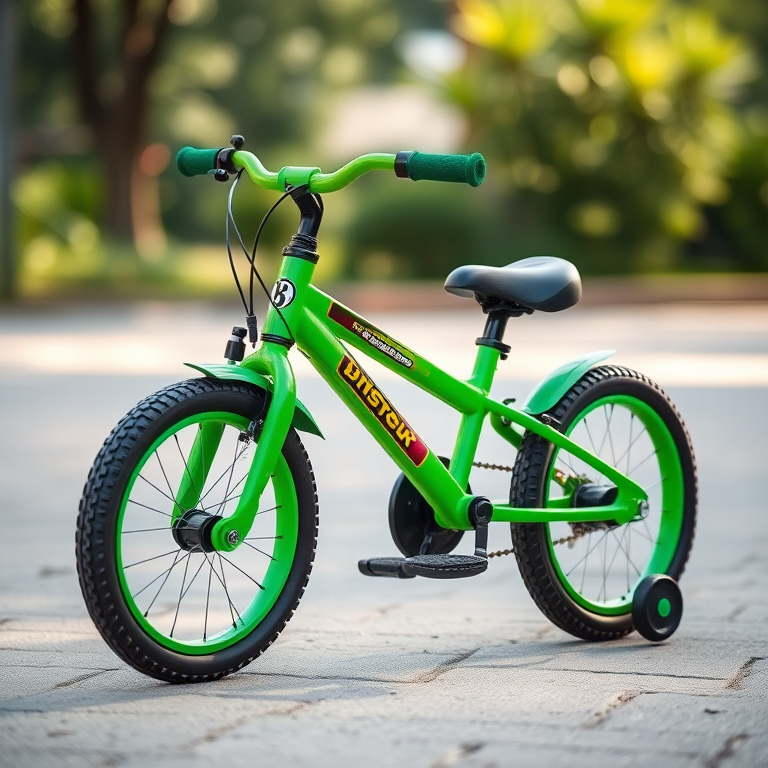 A vibrant green children's bicycle with training wheels, captured in a close-up shot at a 45-degree angle, using a DSLR camera with a 50mm lens, aperture set to f/2.8 for shallow depth of field, ISO 100 for minimal noise, and soft natural lighting to enhance colors and details.