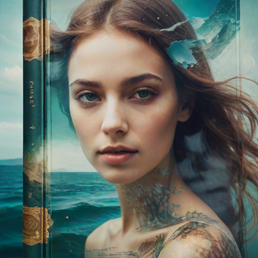 imagine Book cover, A surreal double exposure portrait that blends a woman's face with a beautiful seascape. The overall mood is dreamy and mystical, with rich colors and intricate details