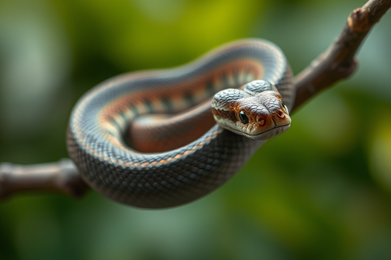 regenerate an image of a snake coiling on a branch, focus on intricate details and scales, use a macro lens, aperture f/2.8, ISO 100, shutter speed 1/200s, soft natural lighting, taken with a DSLR camera, shallow depth of field for a blurred background