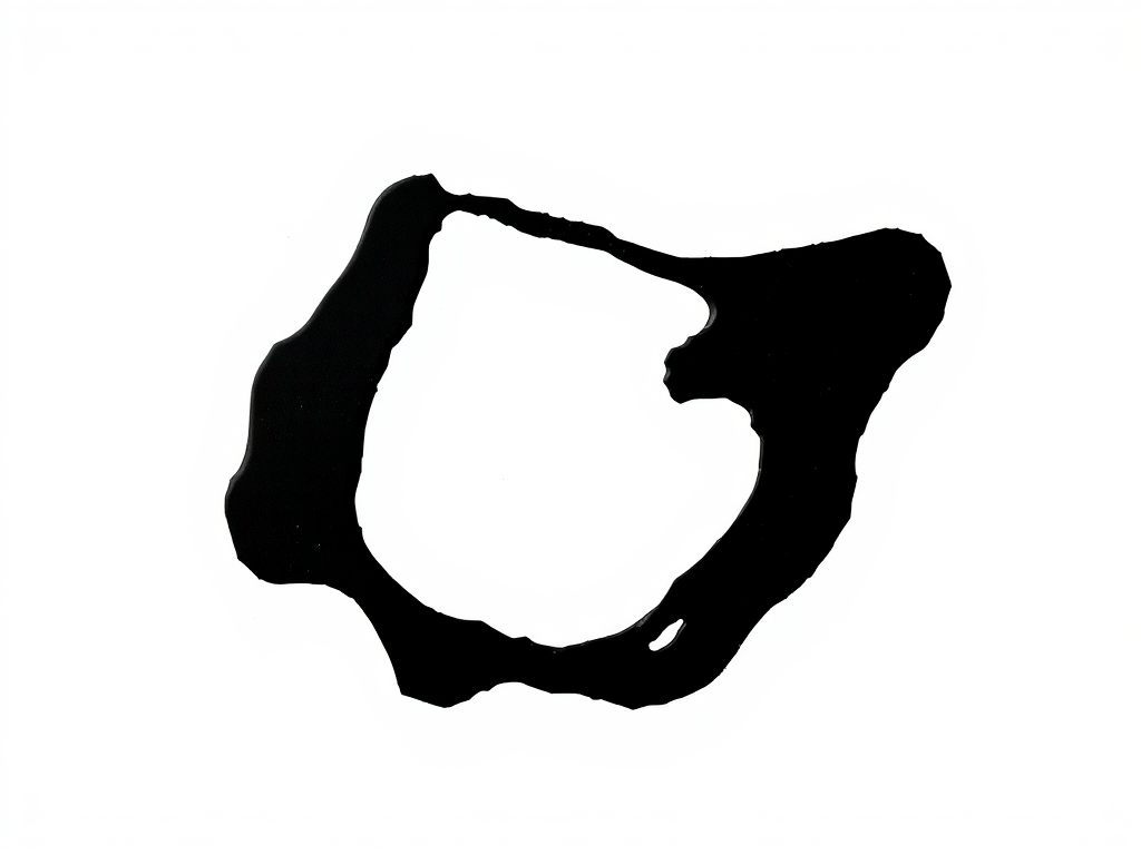 Generate an abstract black shape on a white background, capturing the image with a DSLR camera at 50mm, f/1.8 aperture, ISO 200, using a top-down view and natural lighting.