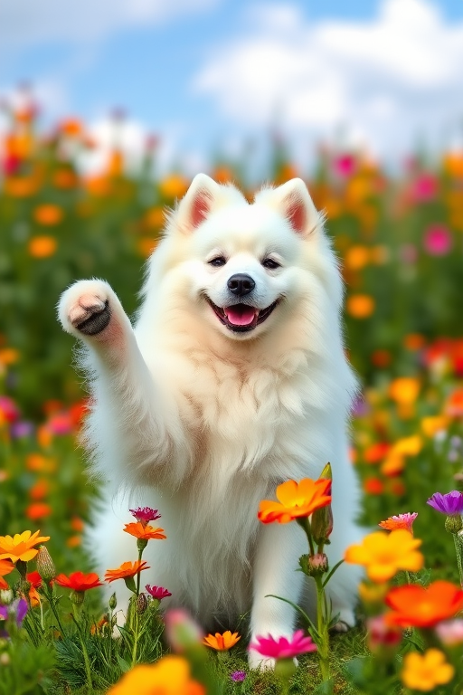 A fluffy white Samoyed dog playfully posing in a field of colorful blooming flowers with a bright sky in the background. The dog is smiling and raising its paw, showcasing its friendly demeanor.